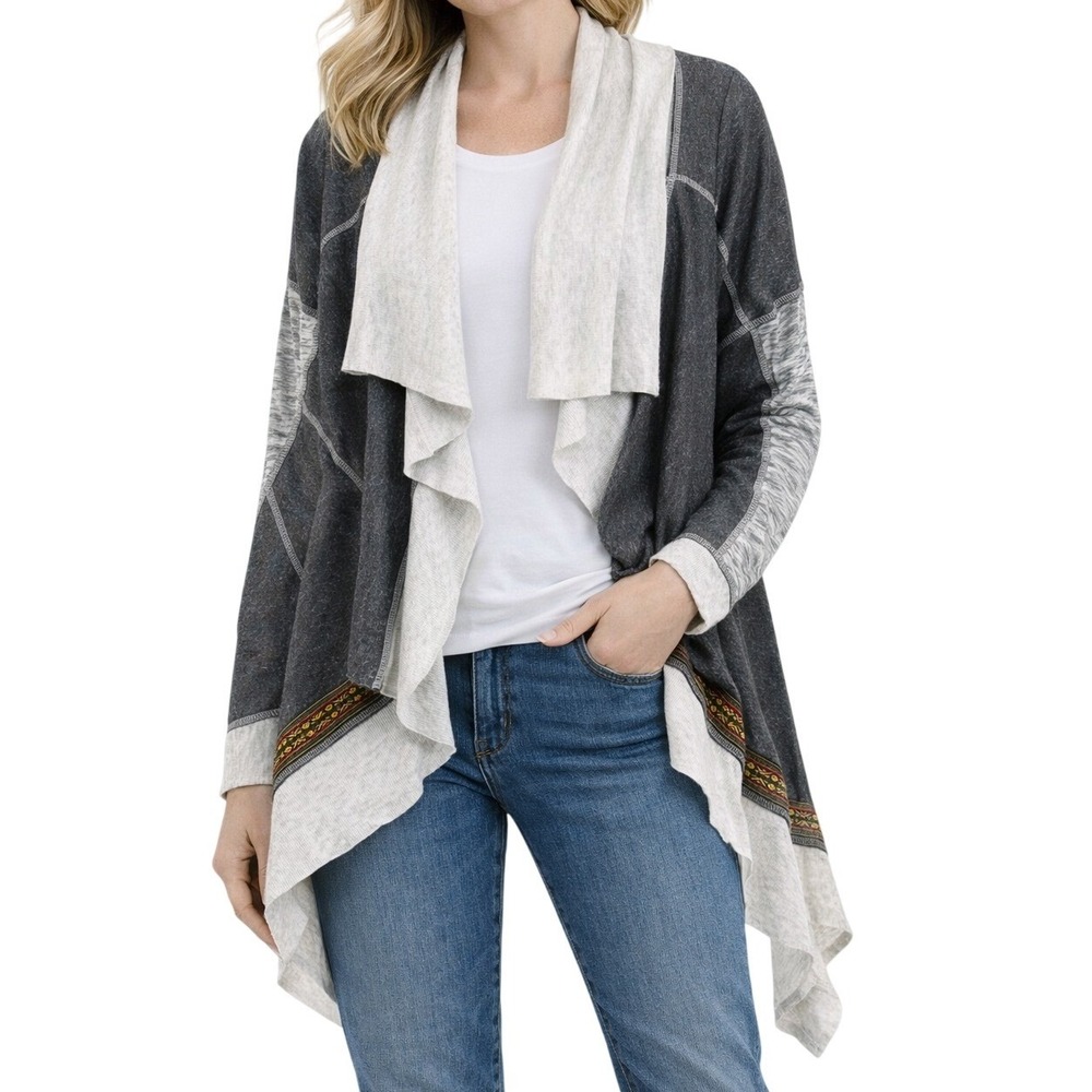 Scrapbook Draped Cardigan Women Small Gray Media Plaid Trim Boho Open Front